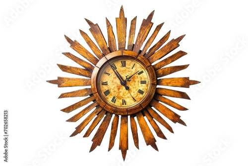 vintage-style wall clock with a sunburst design made of wooden rays emanating from the central timepiece