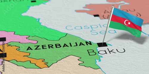 Azerbaijan, Baku - national flag pinned on political map - 3D illustration