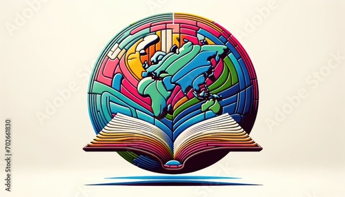 Religious global mission: Spreading the word. Illustration of an open bible or book with a colorful map of the world.