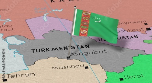 Turkmenistan, Ashgabat - national flag pinned on political map - 3D illustration