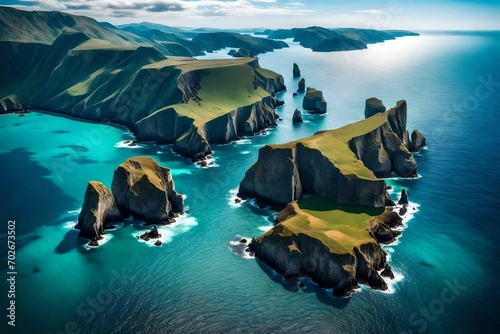 A breathtaking aerial view of a pristine coastline with cliffs, sea stacks, and azure waters stretching into the horizon.