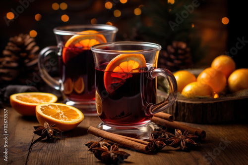 Closeup of glasses of traditional christmas mulled wine or grog with spices and citrus on background