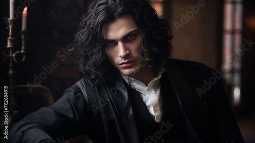 attractive male vampire in a classic suit. protagonist character of a romantic fantasy novel 