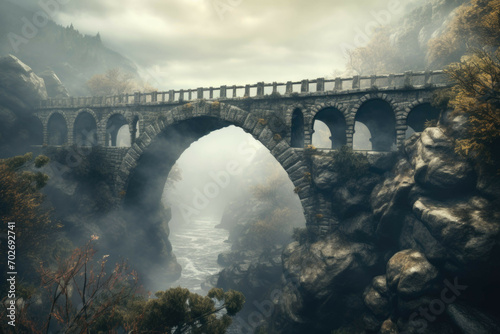 A magical bridge in a foggy landscape, with a mysterious atmosphere