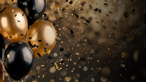 AI generated illustration of Happy New Year background with balloons, and confetti in black and gol