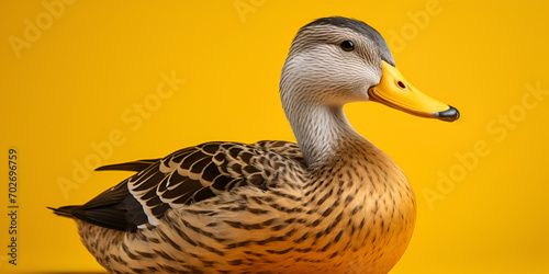 A duck with a black beak and white markings on its face, A duck with a yellow beak is standing yellow background, generative AI