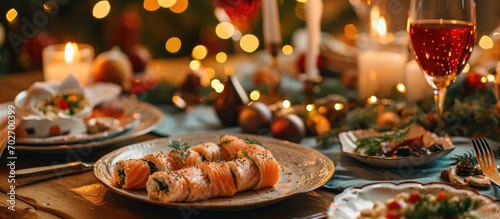 Christmas table features rustic-style smoked salmon rolls with cream cheese and herring salad.
