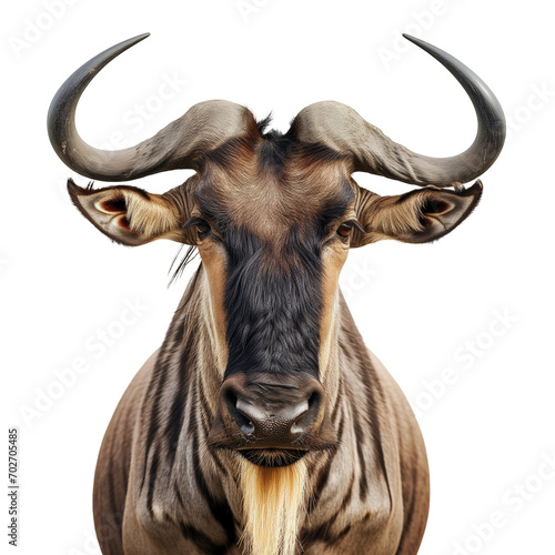 Closeup portrait of an african wildebeest isolated on a white background