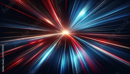 abstract light streaks in red and blue of rapid movement towards