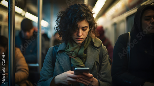Candid shot of a woman using her smartphone while in subway commute, engrossed in work and connectivity