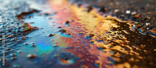Rainbow spots from spilled oil in puddle.