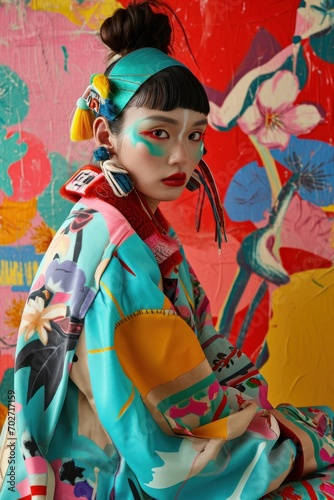 Elegant woman dressed in a colorful kimono with a vibrant abstract background