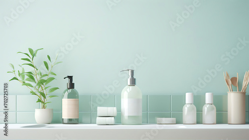 Different bottles of cosmetic products on the bathroom shelf on the light mint background