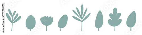 A series of green botanical vector icons including various stylized leaves and flowers.