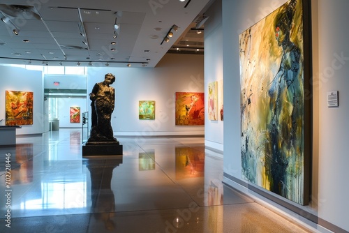 Vibrant and eclectic, a museum's exhibition room boasts a grand statue surrounded by exquisite paintings, enticing visitors with a captivating vernissage of visual arts