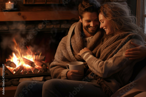 Couple enjoying a romantic hot chocolate date by a cozy fireplace