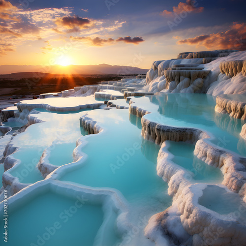 Pamukkale Hotsprings with the sunset in the background 