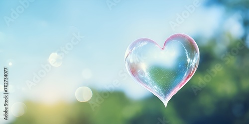 A heart,shaped soap bubble floating in the air , heart,shaped soap bubble, floating