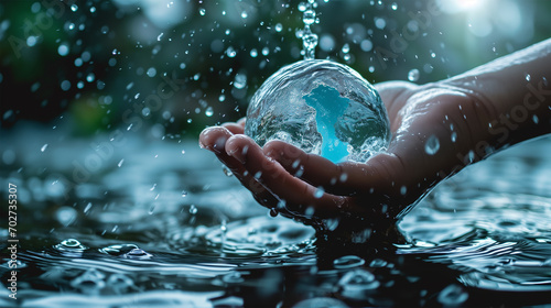 Eco-Friendly Sustainable Awareness. Water Element Concept. Earth Globe in Hand and Splashing Blue Water. Environmental Awareness Background. Mother Earth.