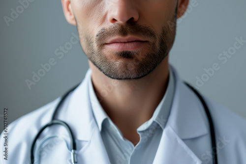 Young male doctor, close-up portrait in healthcare setting.