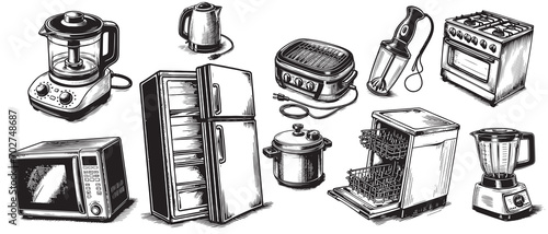 Hand drawn set of different household appliances. Vector illustration of a sketch style.