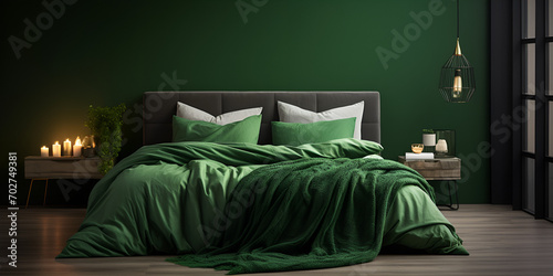 Interior bedroom with bed covered in emerald green sheets on the side of lamp and window and cushions green wall with copy space with green background