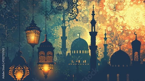 Silhouette of a mosque surrounded by lanterns. Traditional Islamic building with a tall minaret and a dome.