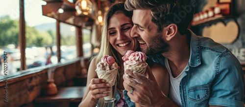 Happy couple enjoying ice cream at home