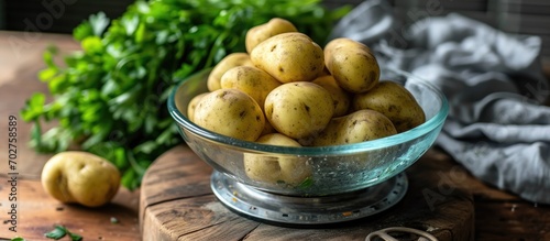 Using kitchen scale, measure potatoes in a glass bowl for pressure cooking.