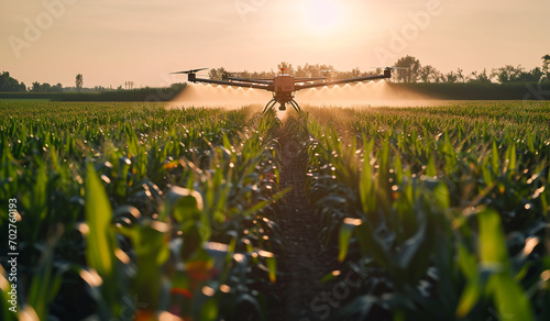 A drone is spraying pesticide on a corn field.
