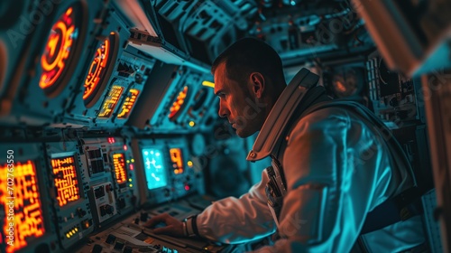 Astronaut working inside a space module