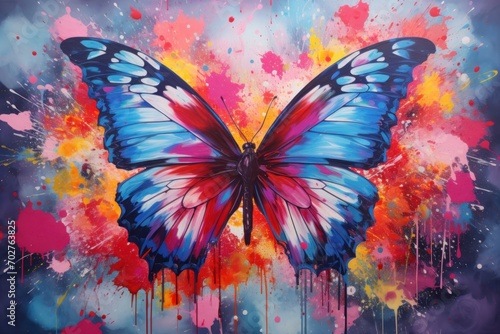  a painting of a blue butterfly with multicolored paint splatters on it's wings and wings.