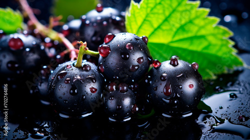 There are a lot of wet blackcurrant fruits. Selective focus.