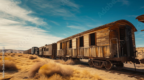 Old wooden train carriages, western frontier style, set in a barren desert, golden sand, blue sky, tumbleweeds