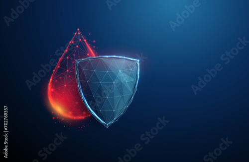 Abstract red drop of blood behind the blue futuristic guard shield. Medical blood protection concept. Low poly style.