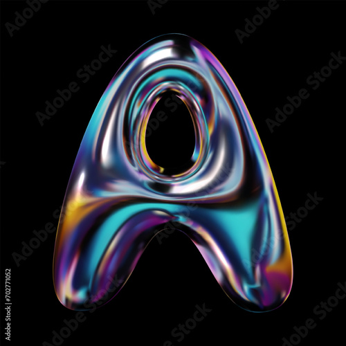 Holographic iridescent 3D letter A in Y2K retro futuristic style. Metallic glossy balloon bubble shape with glossy reflective effect. Volumetric three-dimensional render, isolated vector illustration