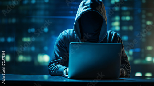A hacker or scammer using laptop computer on night cityscape background, phising, online scam and cybercrime concept.