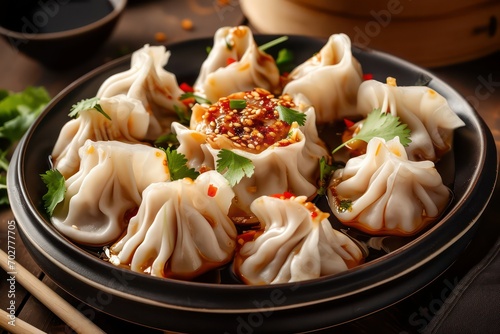 Steamed Chinese dumplings, pork dim sum chilli sauce eastern Traditional cuisine