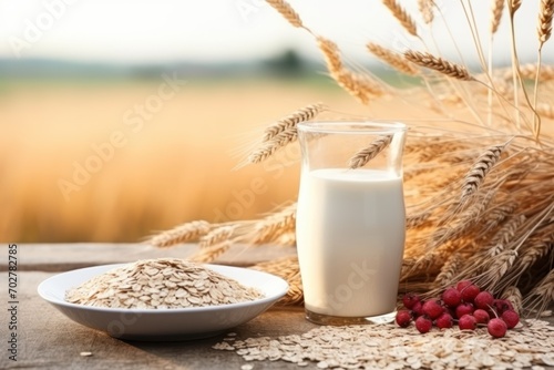  a bowl of oatmeal next to a glass of milk and a bowl of raspberries on a table.