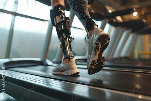 A disabled man with a prosthetic instead of a leg trains on a treadmill. Close-up of sneakers on the belt of a sports simulator.