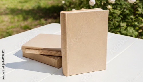 two beige books mockup with textured kraft hardcover on white table outdoor