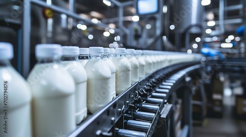 Dairy Production Line with Bottled Milk. Generative ai