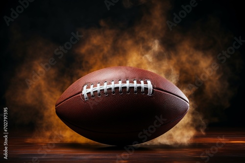 Closeup an American football ball shrouded in dramatic smoke