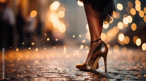 Female legs in stiletto heels on a background of golden bokeh. Selective focus.