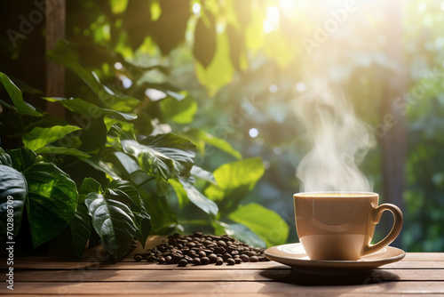 Steaming white cup of fresh coffee on a wooden table on tropical vegetation background. Sunny summer day at coffee plantation.