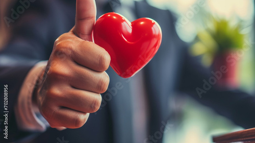 businessman thumb up showing happy smile face and red heart emotion. Compliment Day. Generative AI