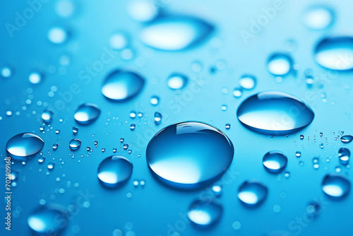 Close-up blue water droplets on glass surface. Reflecting light, creating beautiful shine