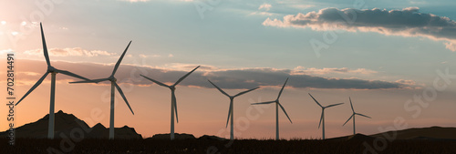 Silhouette of wind turbines. Sky with clouds during sunset. Renewable and sustainable energy, climate change, technology. 3D illustration