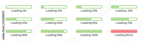 Percentage loading bar infographic icon set 0-100% in green colour. set of percentage loading bar 10%, 20%, 70, 90%, 100% in green color. Rectangle bar percent loading and process symbols collection.