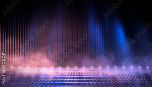 Dark abstract modern neon background. Empty night neon scene with rays of light, smoke, smog, disco background, spotlights. Reflections of rays on a wet surface. 3D illustration.